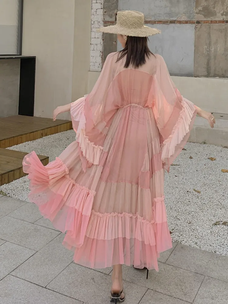 DEAT Woman Dress Pink Cake With Lined Mesh Flare Sleeve Drawstring Waist Elegant Fashion Beach Style 2024 New Summer 15HT424