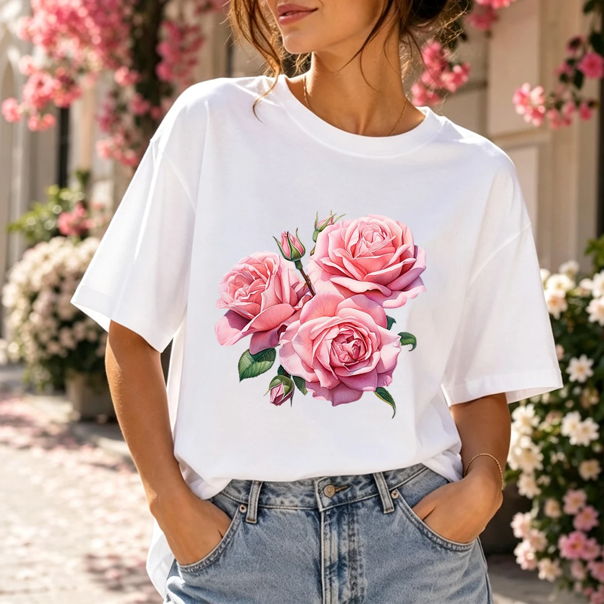 Watercolor Soft Pink Rose Bouquet Leaf Floral Graphic Plus Size Women 100% Cotton Soft Loose Crew Neck Short Sleeve T-Shirt For Coquette Spring Floral Daily Tops