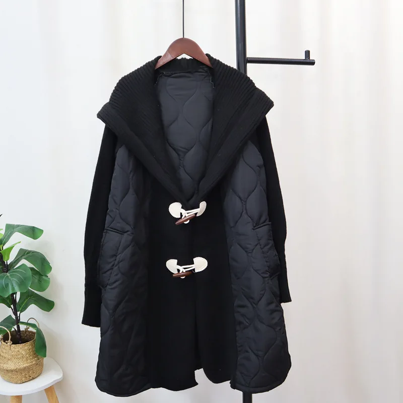 WTHT delle Donne Alla Moda Impiombato Maglia Con Cappuccio Bottoni In Corno Design Cappotto Caldo 2024 di Inverno Lungo Seeve Allentato Quiilted Giacca Femminile 1LS232