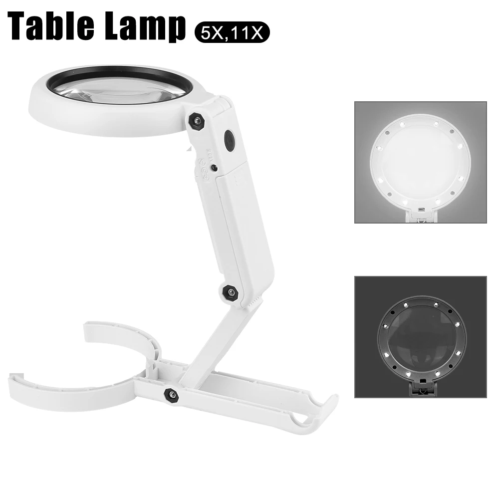 Portable Hand-held Magnifying Glass 5x 11x Stand Desk for Jewelry Appraisal Reading Repair Foldable with 8 LED Light