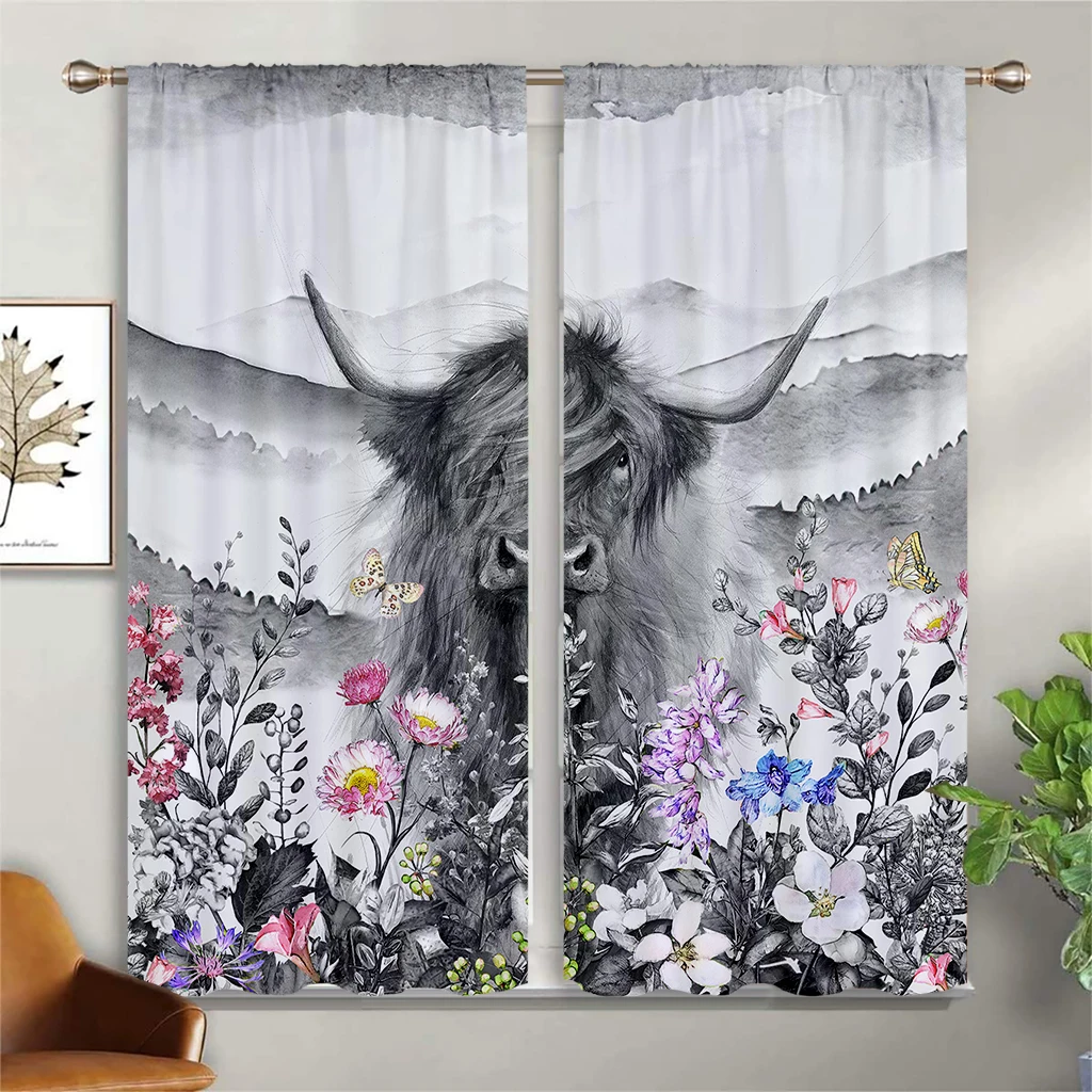 

3D Vintage Field Style Curtains, Animal, Cattle, Sheep, Plant, Floral Curtains, Living Room, Bedroom, Balcony, Kitchen Decor