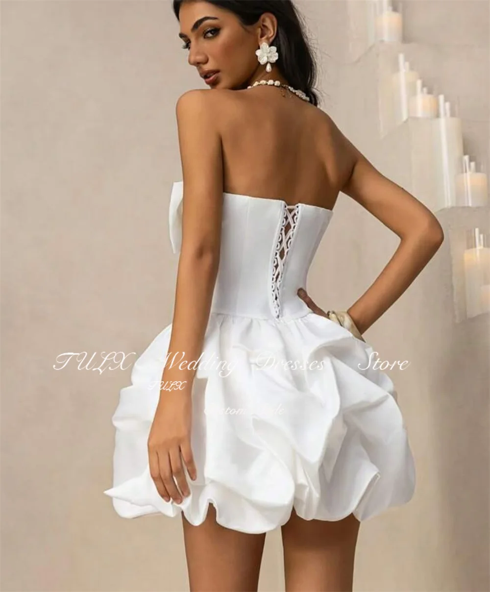 تولكس فساتين زفاف صغيرة من الساتان العاجي مطرز بدون حمالات فيونكة زي العرائس خط قصير مطوي فساتين حفلات الخطوبة حسب الطلب