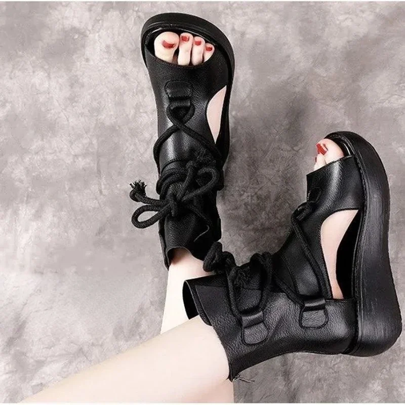 Summer Casual Fashion Vintage Wedge Heel Cool Boots Women\'s Platform Leather Fish Mouth Sandals Roman Shoes