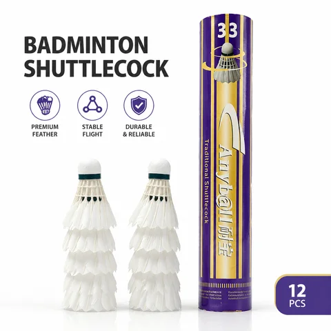 Anyball 33 Traditional Goose Feather Badminton Shuttlecocks 12Pcs Training Grade Stable Flight Indoor Practice