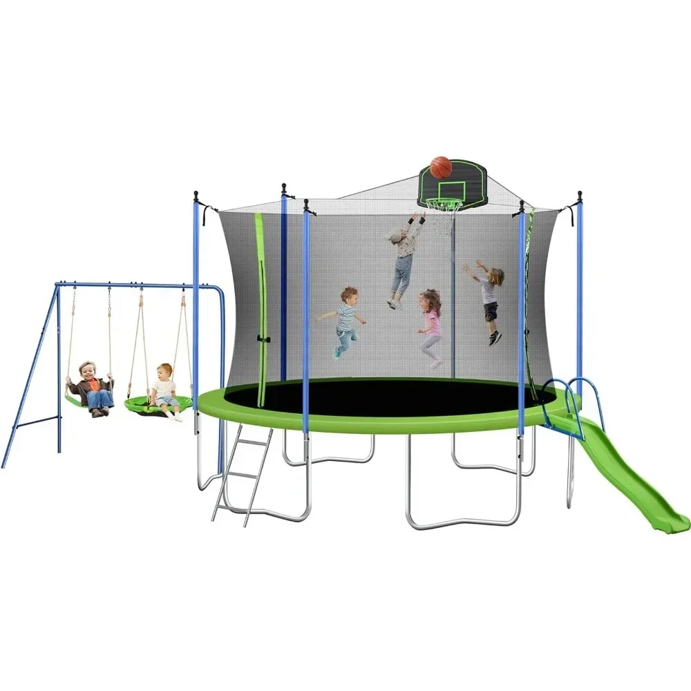 

14FT Outdoor Trampoline with Swing, Slide, Basketball Hoop, Safety Enclosure and Ladder, for Kids and Adults