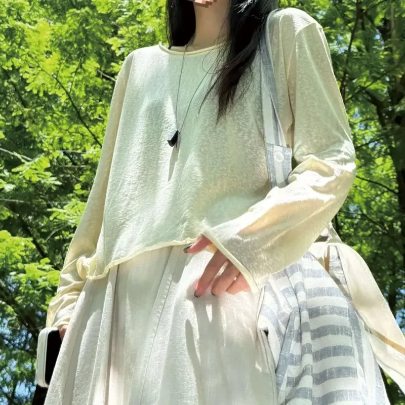 Spring Autumn 2026 Top T-shirt Thin Cool Breathable Tencel Hoodie Snowflake Texture Micro Transparent Long Sleeve