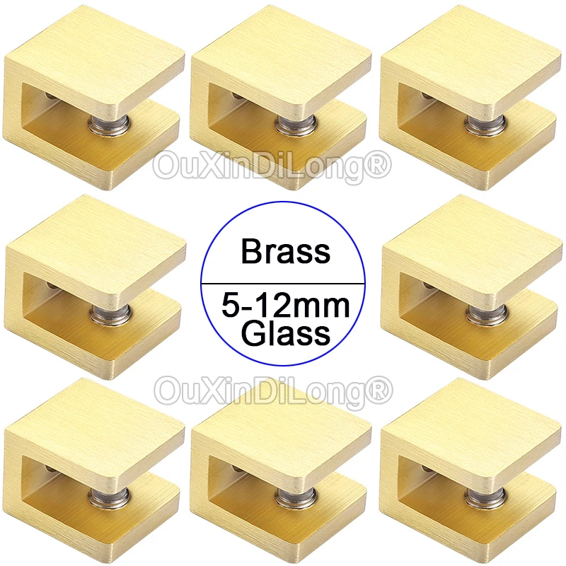 Brand New 8PCS Solid Brass Glass Clamps Brushed Gold Bathroom Shelf Support Brackets No Drilling for 5-12mm Thickness Glass