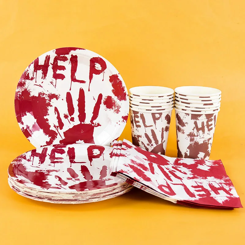 

12/20pcs Halloween Scary Blood Handprints Disposable Tableware Set Paper Plates Cups Napkins Horror Halloween Decor Party Supply