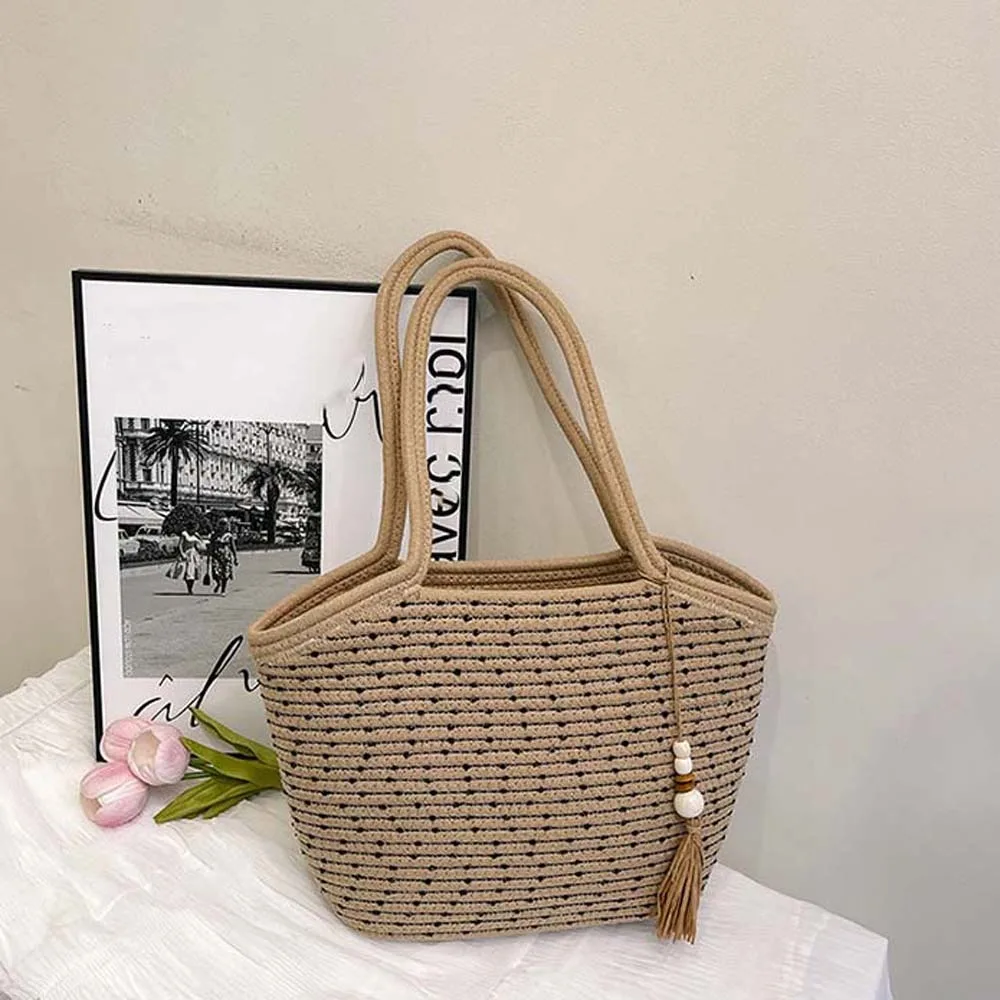 

Trendy Sweet Woven Tote Bag Breathable Large Capacity Straw Handbag Beige Tassels Pendant Summer Beach Bag Female