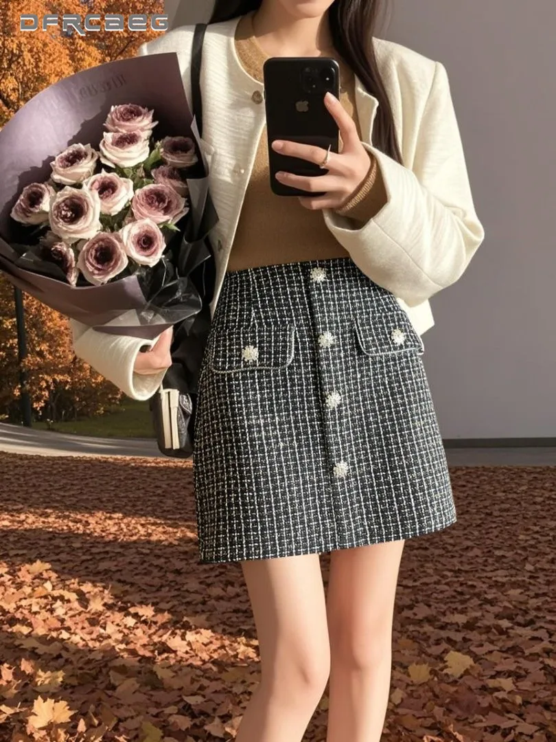 

High Waist Thicken Tweed Short Pencil Skirt With Button Autumn Winter Vintage Plaid Slim Bodycon Mini Skirts Lady