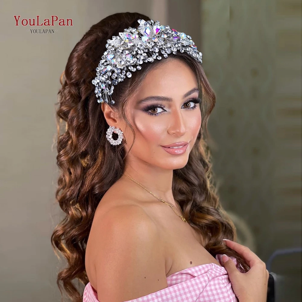 YouLaPan Sparkling Rhinestone Wedding Hair Hoops Colorful Gemstone Woman Party Headband Handmade Alloy Leaves Headwear HP633