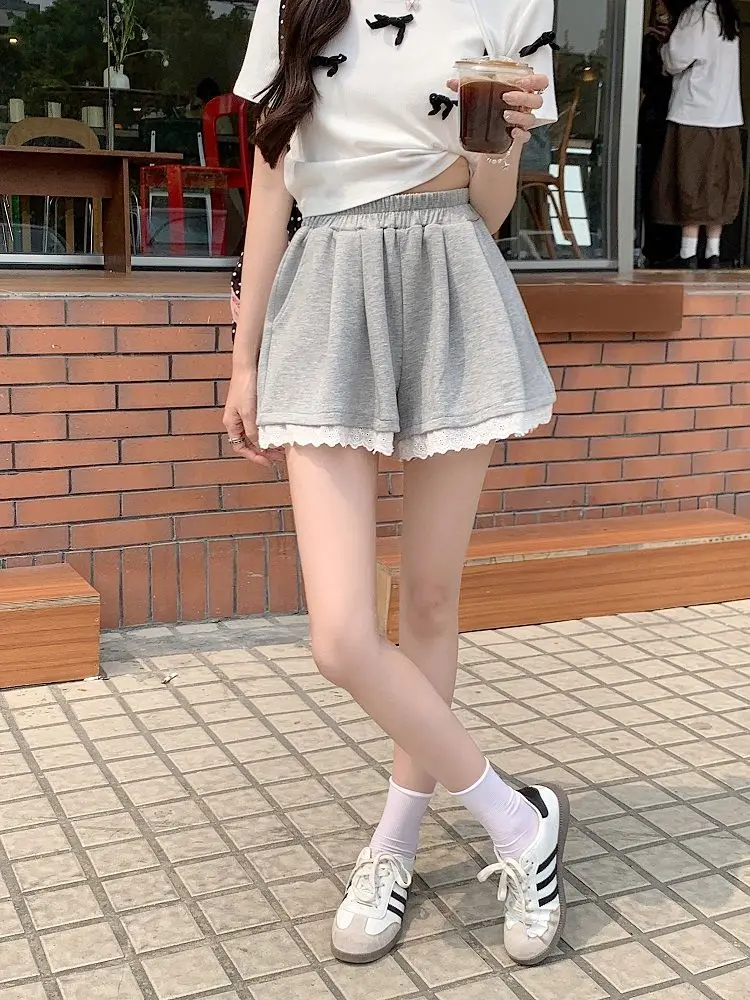 Wide Leg Shorts Women Sweet High Street Casual Lace Design Harajuku Simple Solid Cute Elastic Waist Summer Fashion Preppy Style