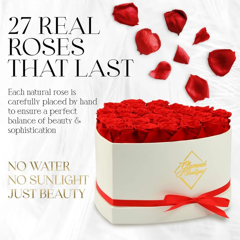 الورود المحفوظة في صندوق القلب - هدية الزهور الأبدية للنساء، عيد الميلاد، الذكرى السنوية - أحمر 27 قطعة #2