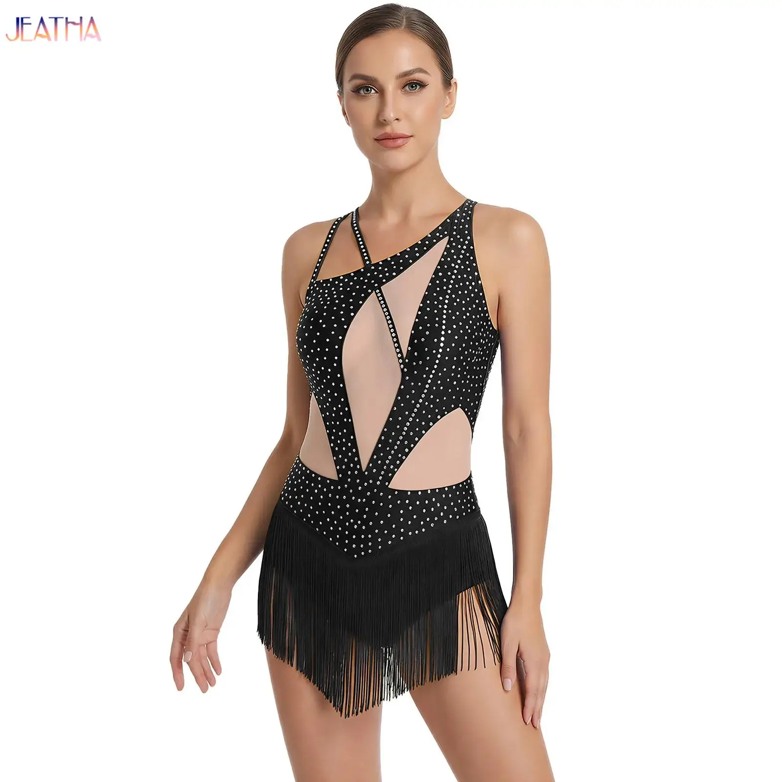 

Женский комбинезон без рукавов с бахромой для современных латиноамериканских и джазовых танцев, костюм для выступлений, с застежкой на пуговицах в области промежности