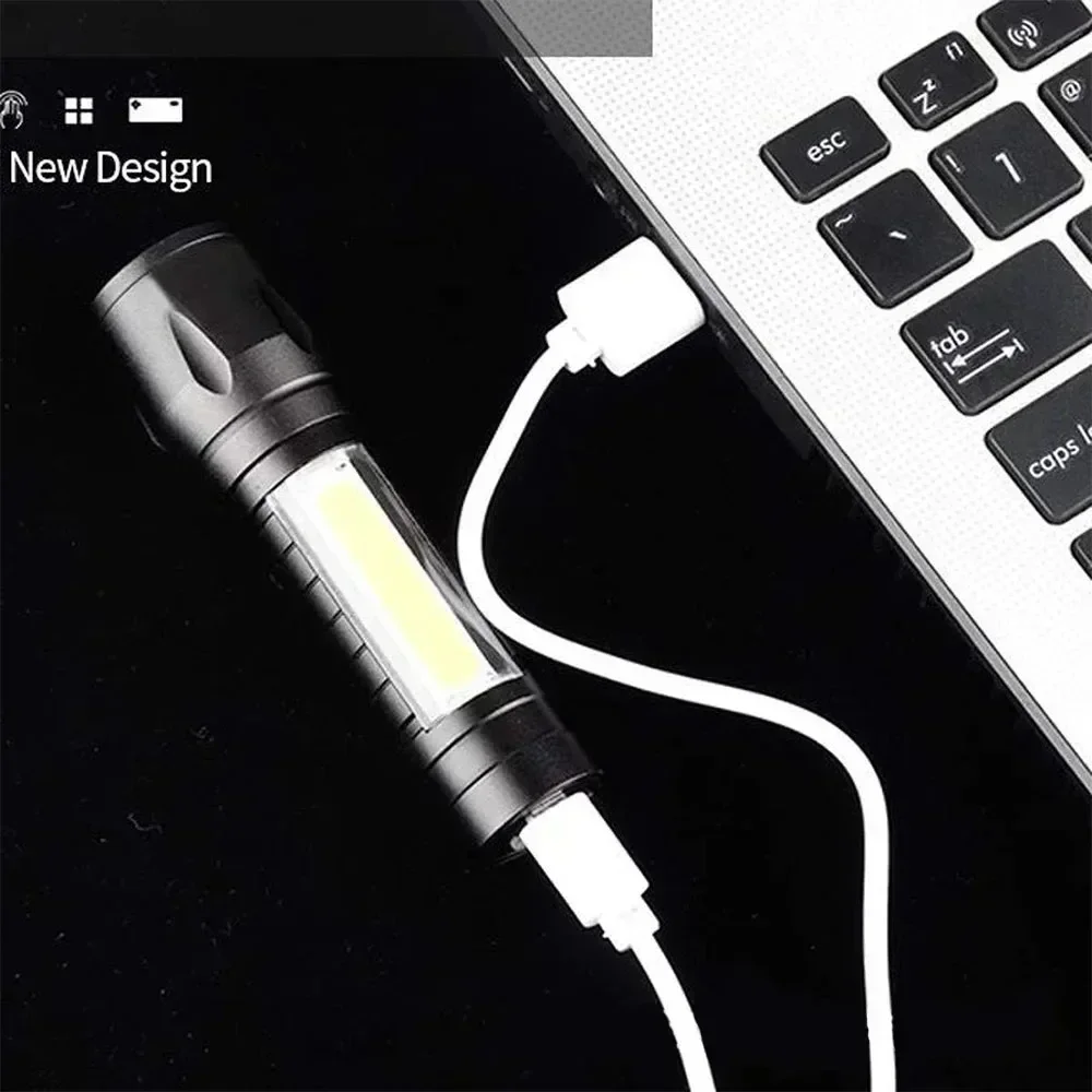휴대용 COB + LED 캠핑 라이트 손전등 USB 충전식 줌 전술 토치 램프 방수 비상 토치 크리스마스 선물 썸네일 2