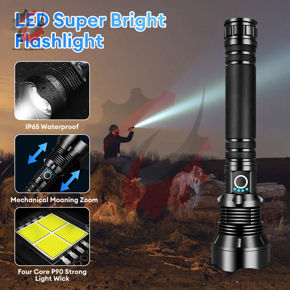 

XHP90 LED Flashlight Super Bright Long Range Torch USB Rechargeable Powerful Tactical Hand Lamp Camping Lantern Aluminum Alloy