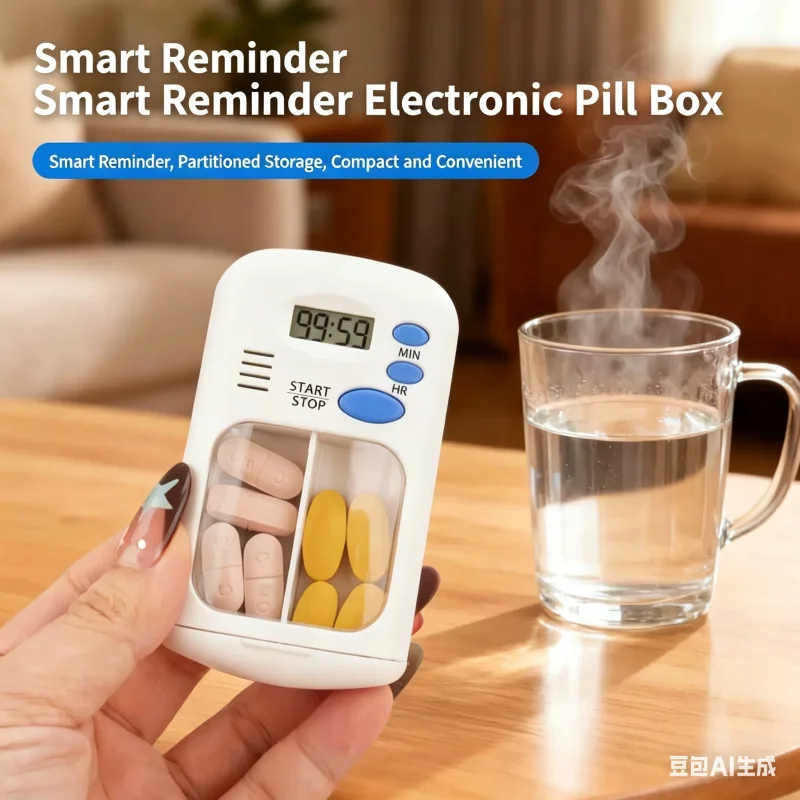 Mini Portable Electronic Intelligent Medicine Box, Transparent Two-compartment Design Pill Box, with Timing Reminder and Alarm