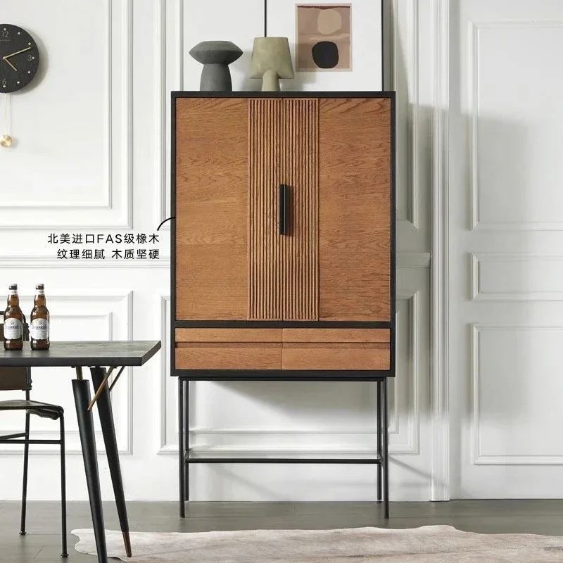 Modern simple color matching storage, wabi-sandy wind, solid wood high dining side vertical cabinet, medieval retro wine cabinet