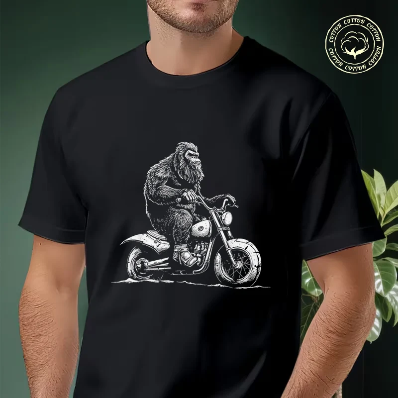 

2026 Men Cotton Casual T-shirts Bigfoot Riding A Motorcycle Bike Tee Men s Summer Cycling Sportswear Tops