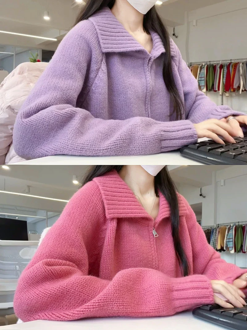 

Amy Autumn Winter Thiened Zipper Knitted Open Cardigan Women Loose Small Size Sweater Jaet Purple Pink Korean Sle Long ...