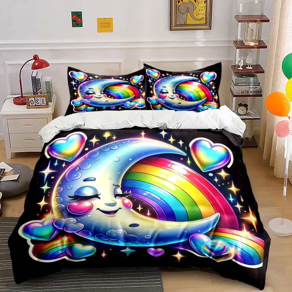 Dreamy crescent moon with rainbow hearts in magical night Print Duvet Cover Bedding Set Included 1*Duvet Cover 2*Pillowcases