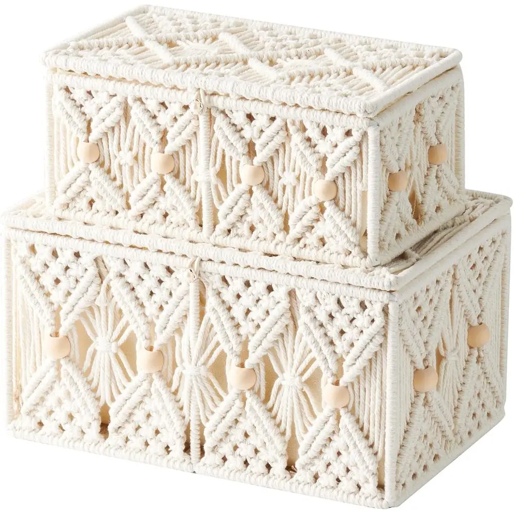 

Набор из 2 плетеных корзин в богемном стиле с крышкой, декоративные подарочные мешочки из органзы, шкатулка для украшений с деревянными бусинами, ручной работы, натуральный плетеный материал