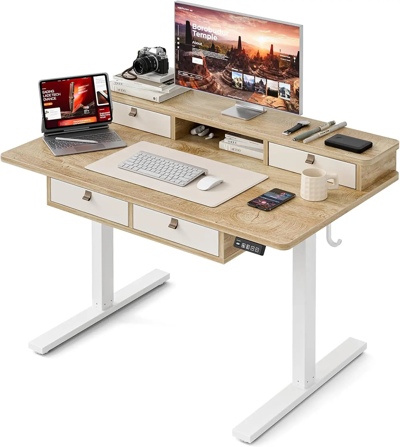 

47 x 28 in Electric Standing Desk with 4 Drawers, Adjustable Height, Oak Finish