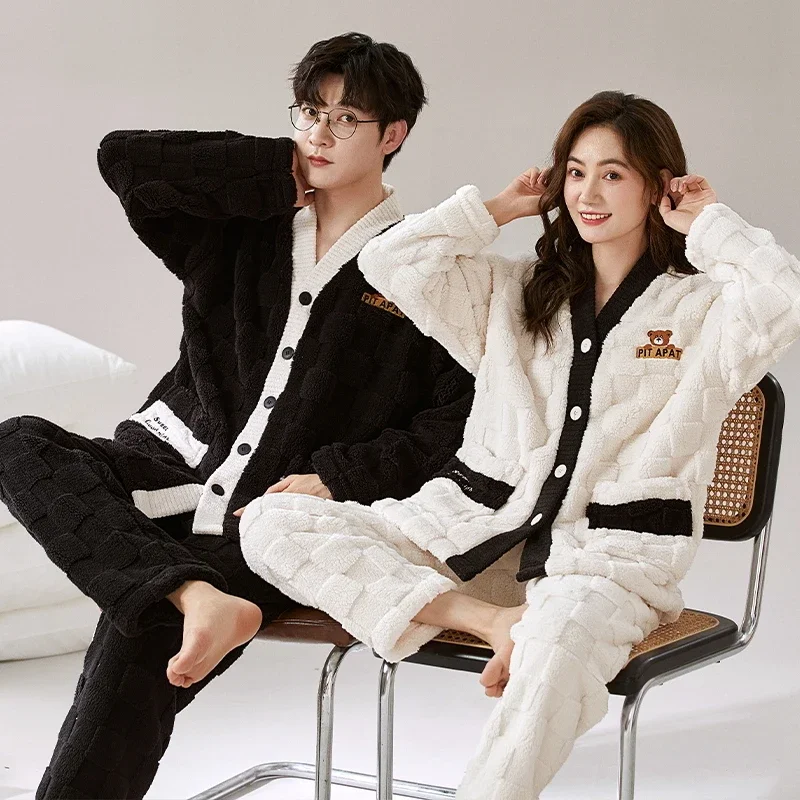 Autumn and Winter 2024 New Big Brand Pajamas Couple Set Women Coral Fleece Flannel Men's Homewear Kimono Pyjamas New Year Gift