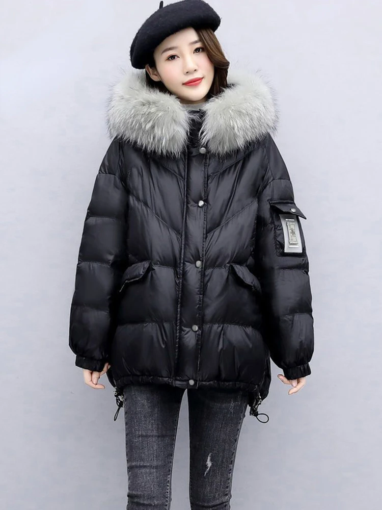 Winter Big Fur Collar 90% White Down Duck Snow Parka Hooded Winter Down Coat Women 90% White Duck Down Jacket Thick Warm Parkas