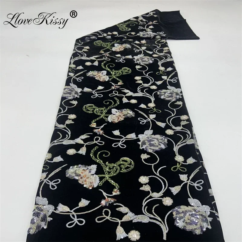 NEW Popular Velvet 3+5MM Colorful Embroidery Sequin Fabric Evening Dress Cheongsam Runway Dress Glitter Fabric Width 125CM