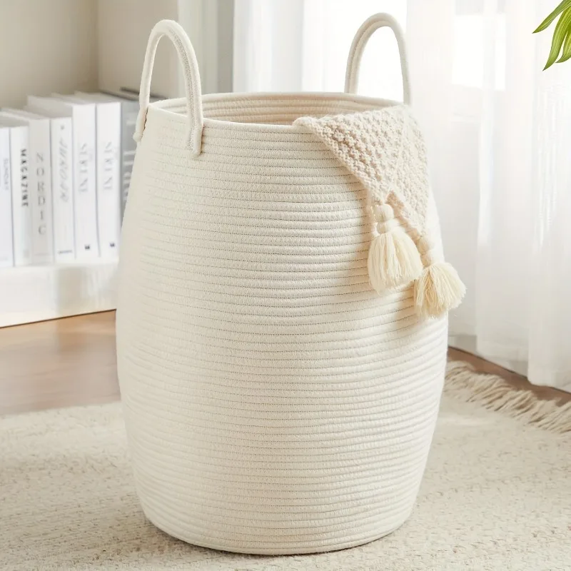1pcs Bohemian Storage Basket Handwoven Cotton Rope Organizer for Bedroom & Bathroom - Decorative Storage Bin Toy Laundry Hamper