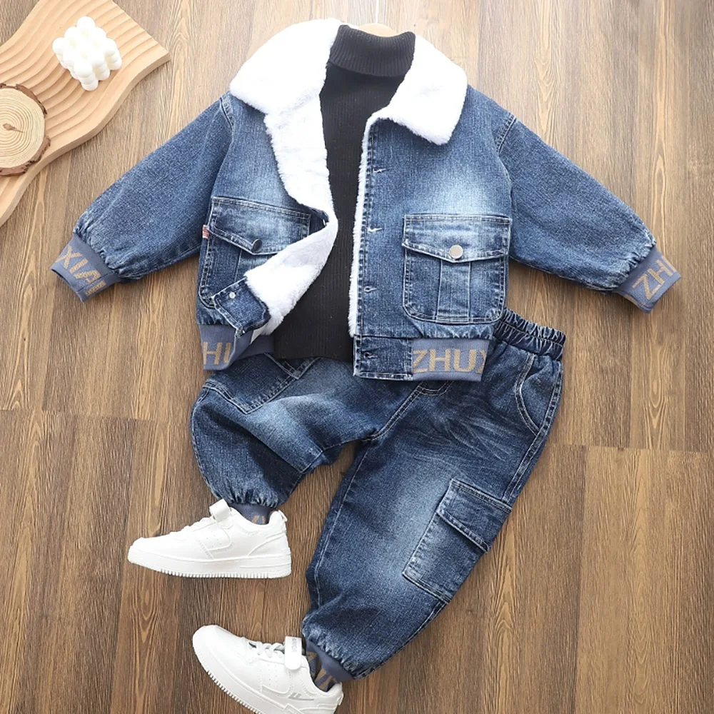 2-6 Years OId Thick Warm Kids Boys Denim Coat+Jeans Pants 2Pcs Winter Fashion Velvet Fur Jackets Outerwear Children Clothes Sets