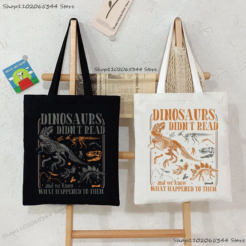

"Dinosaurs Didn't Read" Vintage Canvas Tote Bags Fun Book Lover Teacher Appreciation Gift Shoulder Bag Fashion Women's Handbags