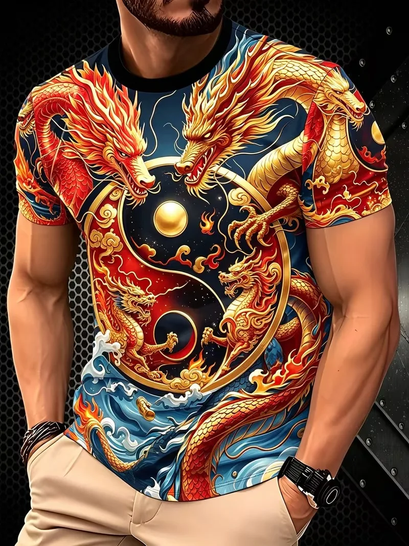 Men's China-Chic Shenlong Print Short Sleeve T-shirt Summer Street Fashion Sports Fitness Street Men's Fashion Short Sleeve Tops