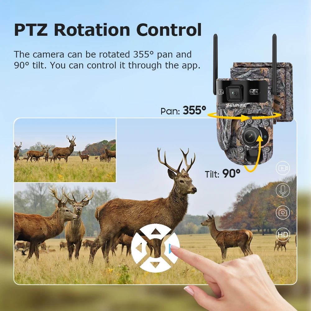 SHIWOJIA 12MP 50X ZOOM كاميرا تعمل بالطاقة الشمسية 4G كاميرا أمان مموهة خارجية لاسلكية 360 °   المراقبة لا البقع العمياء