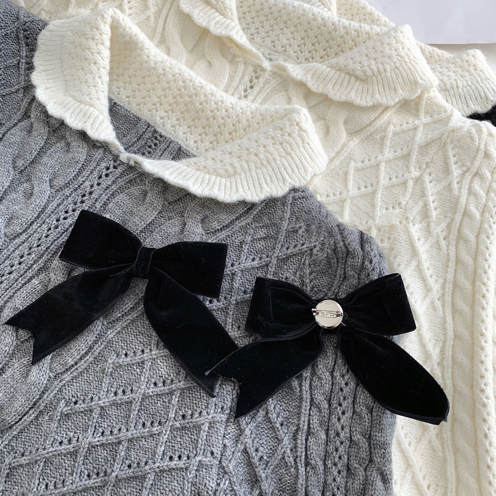 Solid Knitted Sweater Two-piece Set Women\'s Spring Autumn Bow Design Doll Collar Long Sleeves Top+High Waist Elastic Slim Skirt