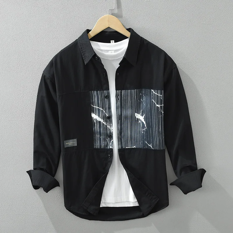 

Корейская модная рубашка с принтом, мужская уличная одежда, весенняя повседневная рубашка из чистого хлопка, новая белая рубашка с длинным рукавом, мужская одежда в литературном стиле