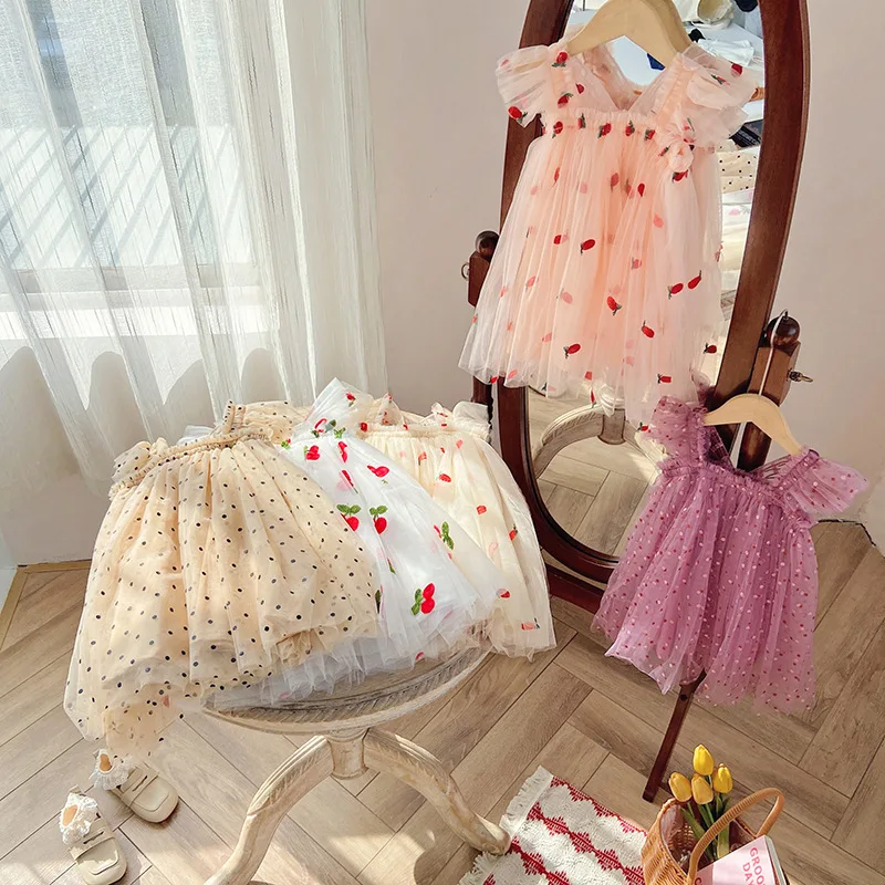 Flying Sleeve 3D Wing Girl's Dress Summer Polka Dot Baby Girl Mesh Dress Puffy Princess Dress