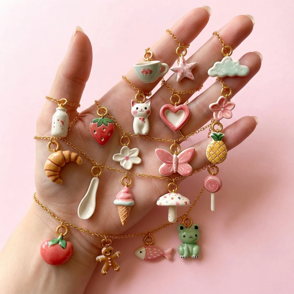 Einfacher und süßer Stil, beliebte DIY-Anhänger-Charms für Schmuck: Erdbeere, Ananas, Wolke, Liebe, Pilz. – Detail 2