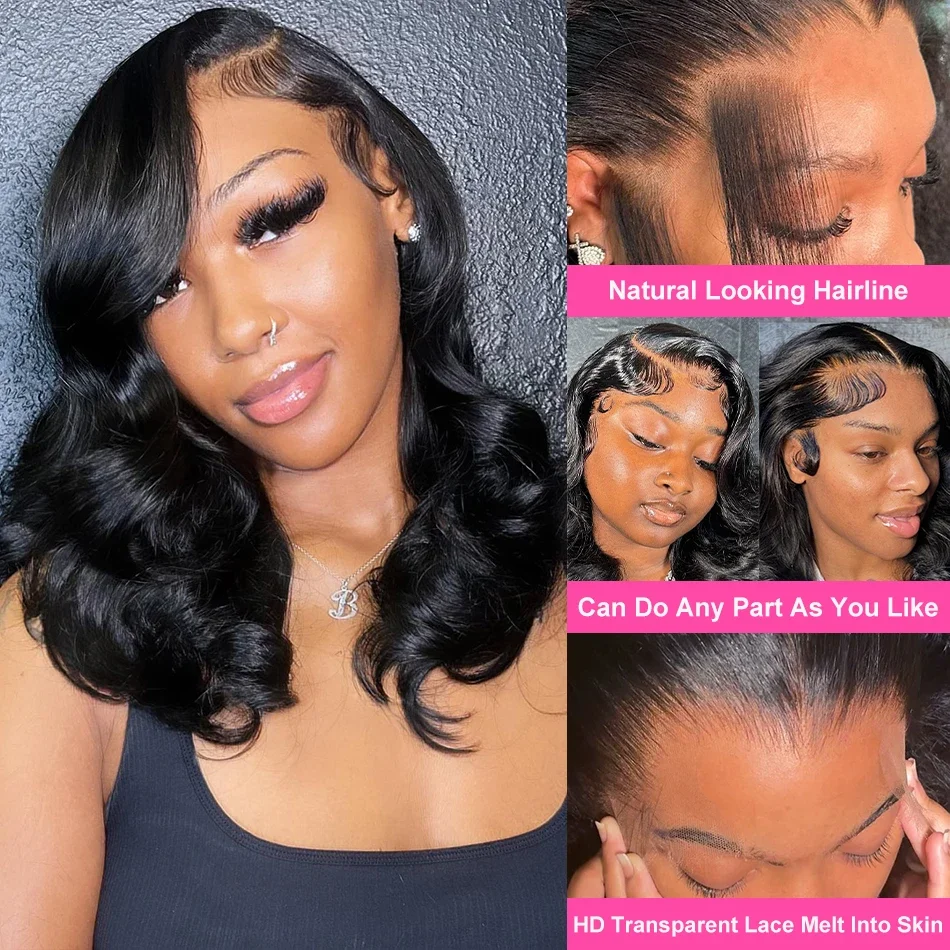 باروكة بوب قصيرة بموجة مائية للنساء ، موجة جسم 13 × 6 ، دانتيل أمامي عالي الدقة ، شعر بشري بدون لاصق ، شعر ريمي برازيلي ، 5x5