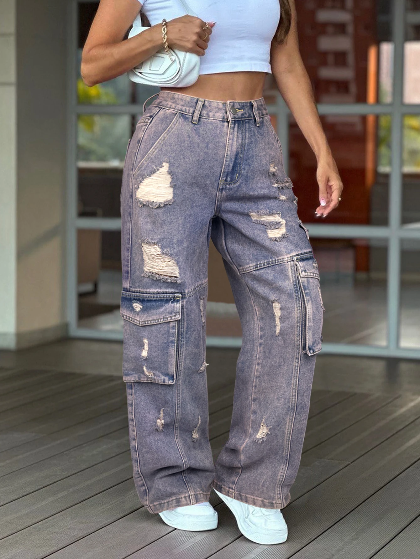 Vintage Säuregewaschene Utility-Jeans mit hoher Taille und weitem Bein, Grunge Washed Distressed Low Rise Straight Baggy Jeans Damen