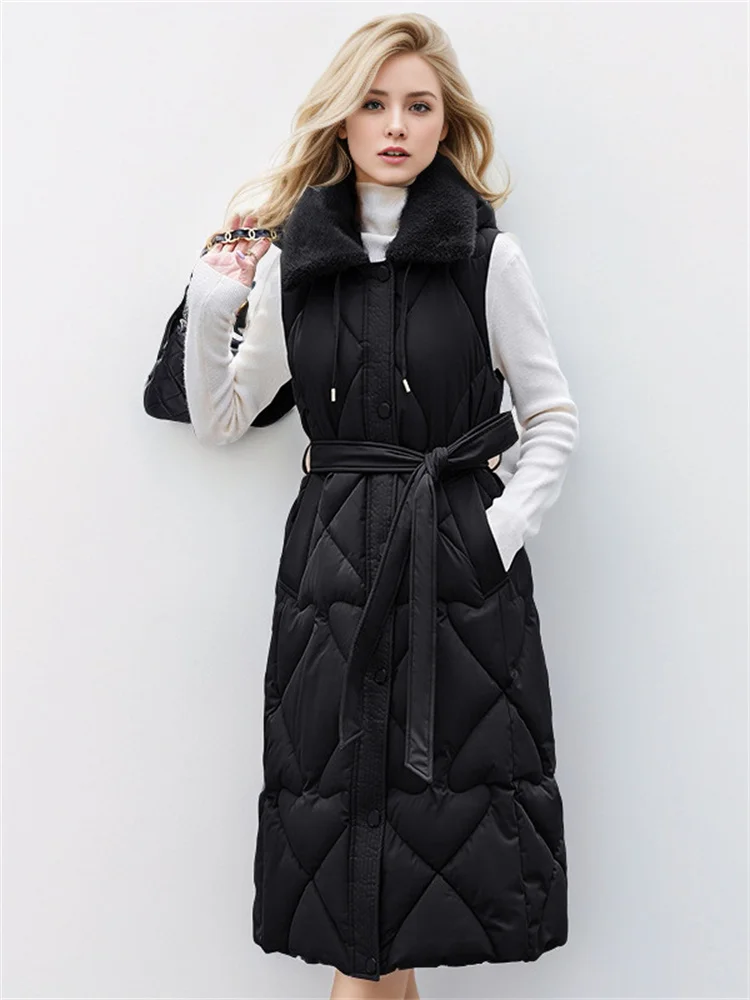 

2024 Winter New Medium Length Women's Padded Vest Stylish Plush Lapels Cinched Waist Slimmer Casual Warm Jacket