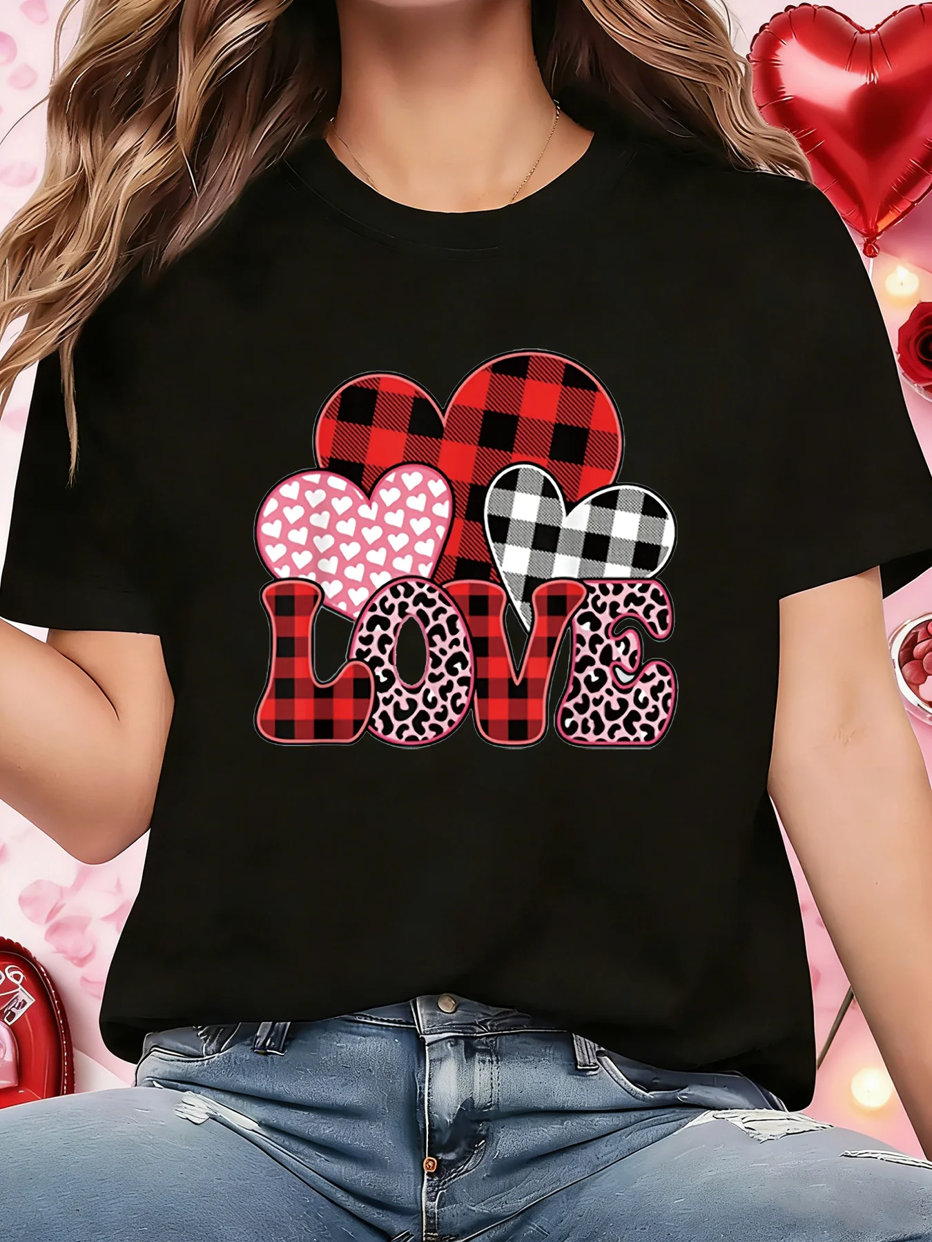 

Valentine's Day Women's Short Sleeve T-shirt LOVE Letter & Plaid Leopard Heart Print Crew Neck Casual Top For Summer & Spring