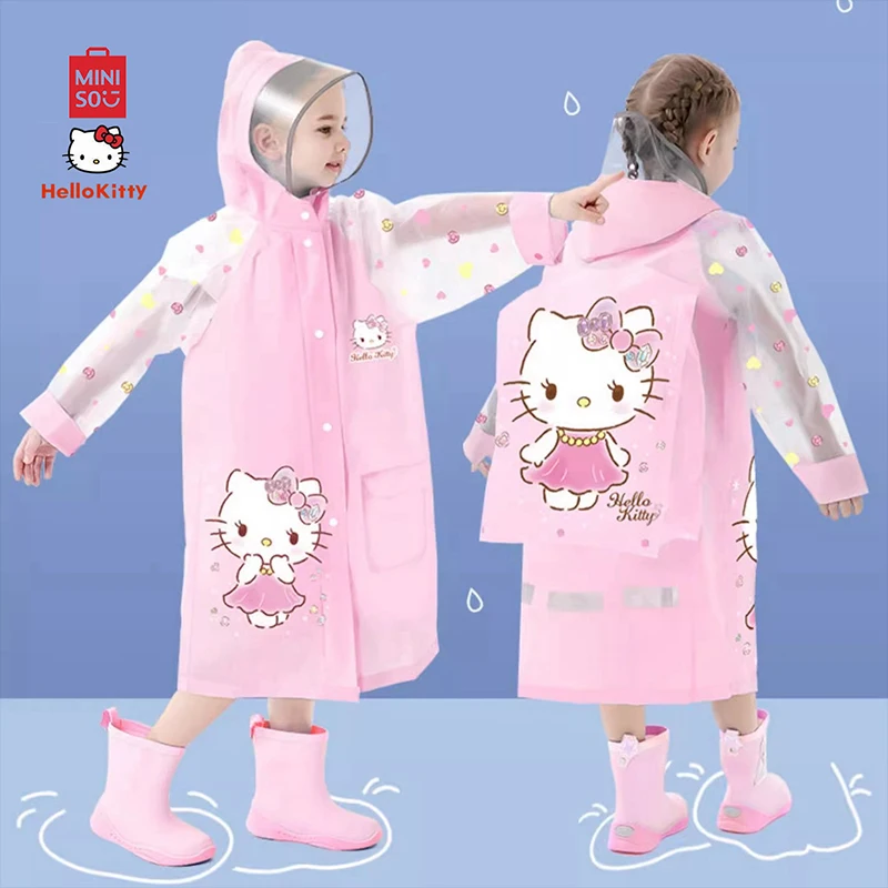 MINISO Hello kitty Waterproof Raincoat for Children Cartoon Kuromi Child Rain Cover Hooded Kawaii Printing Rain Poncho Kids Gift