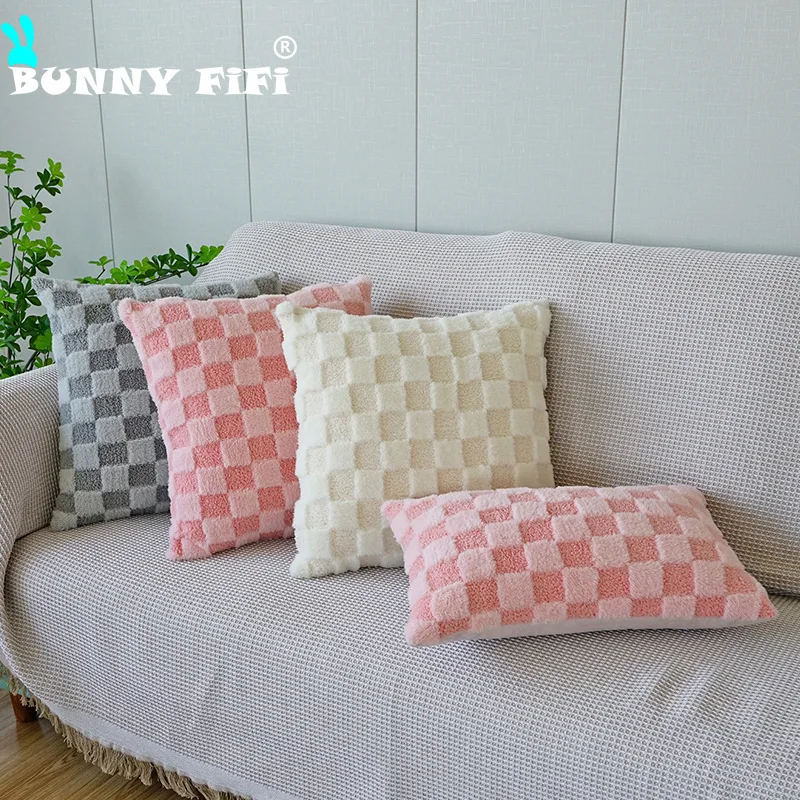 Teddy Rabbit Hair Jacquard Plaid Luxury Ultra Soft Pillow Cover 45x45cm Decorative Pillow for Sofa Bedroom Living Room