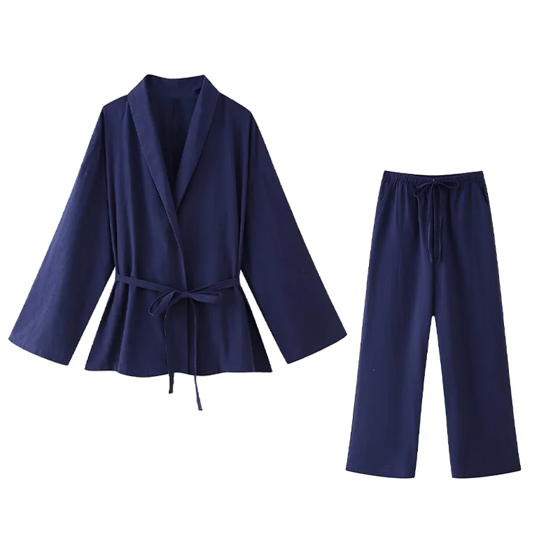 2024 Autumn Womens Vintage Two Piece Set, Lace Up Loose Lapel Coats & Trousers Casual Chic Lady Pants Sets