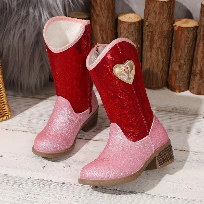 Rose Pink Glitter Western Knee High Boots Kid Girl  Slip-on Cowboy Long Booties Child Low Heeled Round Toe Warm Plush Botas