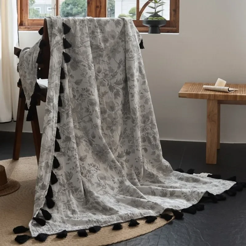 2025 new cotton and linen jacquard fringed blanket office nap air conditioner blanket home sofa leisure blanket