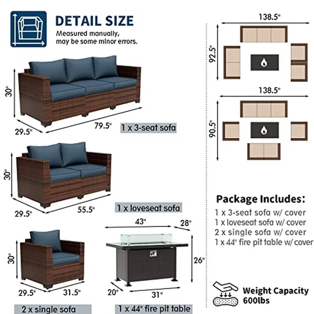 Fire Pit Outdoor Sectional Sofa Set Oversized Armrest Rattan Patio Furniture 7 Piece Sofa Set w/ CSA Certified Gas Fire Table image 6