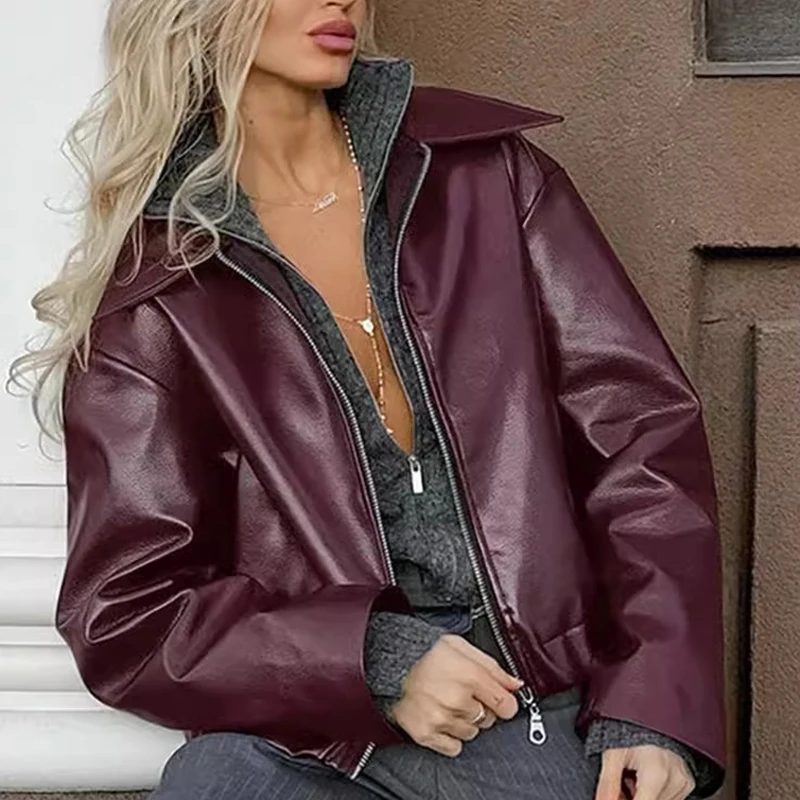 Women Burgundy Pu Leather Jacket Zip Up Lapel Collar Bomber Coat Oversized Drop Shoulder Retro Motorcycle Winter Outerwear Top